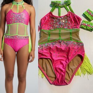 Glamour solo dance costume hot pink sassy embellished illusion SA-Small adult
